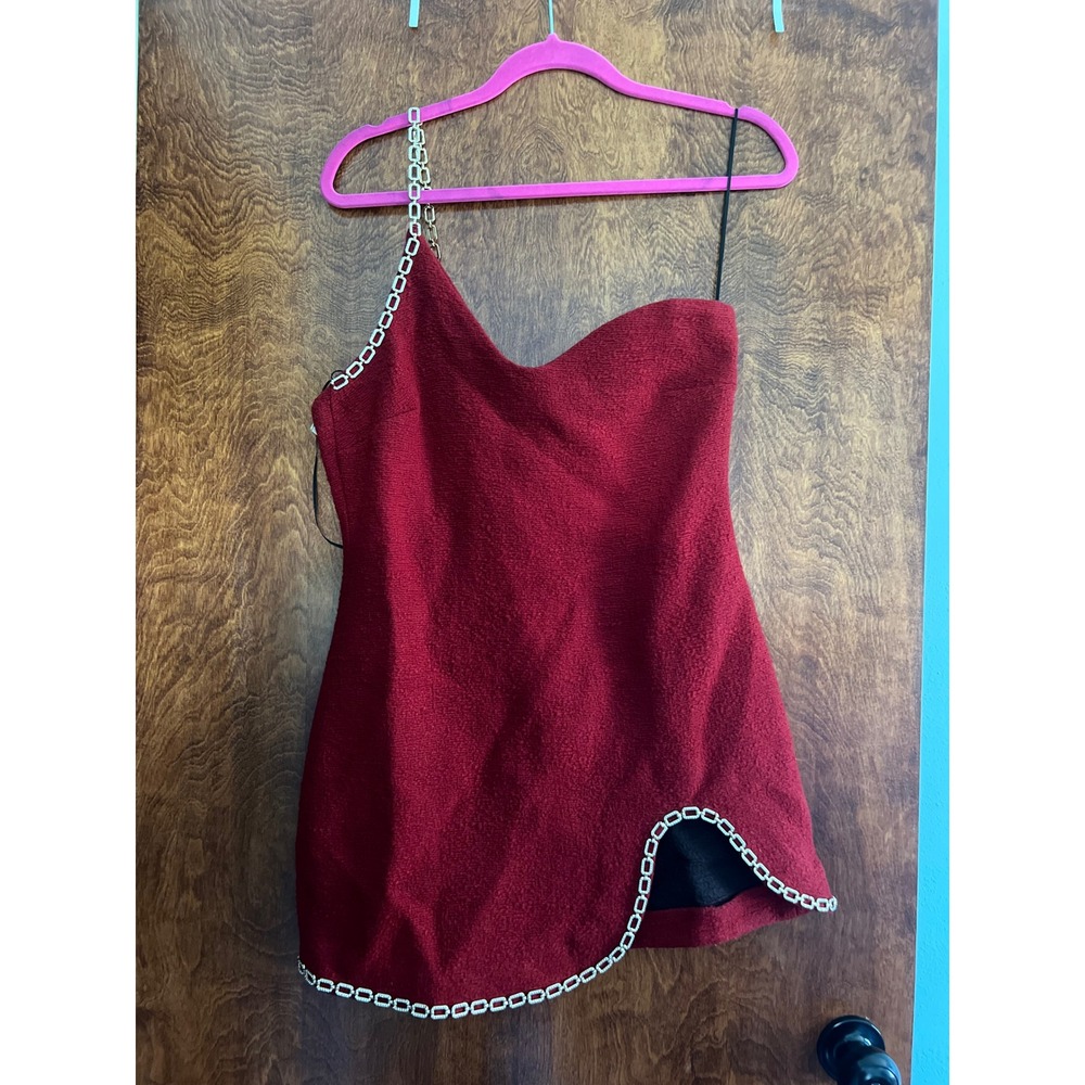 NEW Zara Mini Dress Womens L Red Rhinestone Chain One Shoulder Asymmetrical Hem